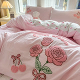 Xpoko  -  Pink Rose Cartoon Bedding Set, Dinosaur, Cat, Bear, Rabbit, Towel Embroidery, Single, Double Duvet Cover, Bed Sheet, Pillowcase