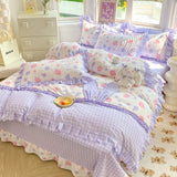 Xpoko  -  Cartoon Princess Rabbit Bedding Set Kids Girls Ruffled Edge Bed Sheet Washed Cotton Duvet Covers With Rabbit Ears Decorations