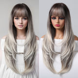 Xpoko Natural Long Straight Layered Synthetic Wigs Ombre Gray White Wig with Bangs  Hair for Women Daily Party Use Heat Resistant