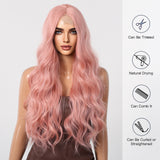 Xpoko Pink Synthetic Women's Front Lace Wig Long Wavy Pink Wigs for Women Afro Cosplay Daily Party High Density Heat Resistant Hair