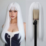 Xpoko Synthetic White Cosplay Wig Long Straight Blonde Wigs with Bangs Party Lolita Hair Wig for Women Heat Resistant Halloween Hair