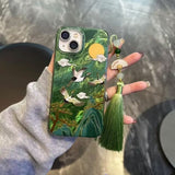 Xpoko Vortex pattern high mountain auspicious cloud crane phone case with ancient fan tassel for iPhone 11 12 13 14 15 16 pro max