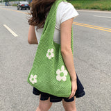 Xpoko Ins Fashion Sweet Flower Knitted Hollow Tote Bag Large Capacity Shopping Bag Ladies Simple Retro Shoulder Bag Handbag for Women