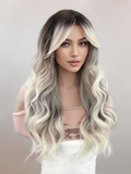 Xpoko Gray Wigs With Air Bangs Long Water Wave Wigs For  Long Curly Wig With Dark Roots Heat Resistant Synthetic Wig