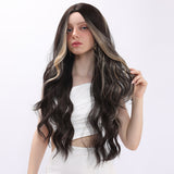 Xpoko 32-inch long brown curly wig hair cover, gold highlights, high-temperature silk material, personalized daily style