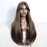 Xpoko 30Inch Synthetic Lace Front Wig With Bang Long Straight Lace Front Wigs Ombre Chocolate GoldWigs For Black Women Cosplay Wigs