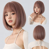 Xpoko Light Brown Short Bob Straight Synthetic Wig With Bangs for Black Women Natural Cosplay Daily Halloween Use Heat Resistant Fiber