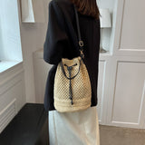 Xpoko Women Woven Handmade Shoulder Bag Sumple Straw Bucket Bag Drawstring Crossbody Bag Rattan Beach Bag for Gilrs