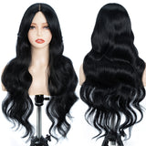 Xpoko Synthetic Lace Wigs Body Wave 28 Inch Black Shade Ombre Wig with Bang Natural Lace Wig Cosplay Wigs For Women Lace Front Wig