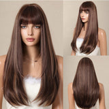 Xpoko Brown Highlight Synthetic Wigs Long Silk Straight Wig with Bangs Middle Part Natural Brown Daily Wig Heat Resistant