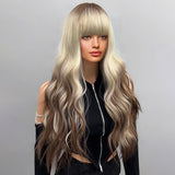 Xpoko Blonde Wig With Bangs Long Wavy Curly Ombre Wig with Dark Root Synthetic Heat Resistant Wigs for Women Daily Party Use 32Inch