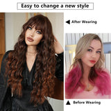 Xpoko Long curly Hair Wig Brown Gold Gradient Wig for Woman Daily Cosplay Natural Synthetic Wigs with Bangs Heat Resistant Fiber