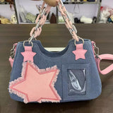 Xpoko back to school Korean Fashion Shoulder Underarm Harajuku Star Tote Denim Bag Chain Ladies Bags Zip Purses Handbags Women 2025 Luxury Square Bag