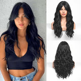 Xpoko Black Wig with Bangs, Long Black Wavy Wigs for Women Synthetic Wigs Natural Black Curly Hair Wig for Girls Daily Party Use