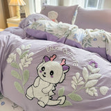 Xpoko  -  Pink Rose Cartoon Bedding Set, Dinosaur, Cat, Bear, Rabbit, Towel Embroidery, Single, Double Duvet Cover, Bed Sheet, Pillowcase