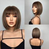 Xpoko HAlloween Customer Wig Short  Straight Wine Red Synthetic Wig with Bangs Burgundy Natural Bob Straight Wig for Women Cosplay Use