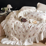 Xpoko 100% Cotton French Romantic Lace Ruffles Vintage Rose Flower Bedding Set Queen King Duvet Cover Flat/Fitted Bed Sheet Pillowcase