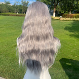 Xpoko Handmade Small Lace Gray Gradient Highlight Dyed Corn Perm Long Hair Wave Roll Realistic Synthetic Fiber Full Head Wig