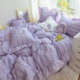 Xpoko Korean Princess Seersucker Kawaii Bedding Set Lovely Ruffles Girl Duvet Cover Set Solid Color Soft Comfortable Bed Sets 220x240