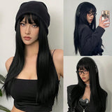 Xpoko Synthetic Long Silky Straight Wigs with Bangs Black Cosplay Party Lolita Hair Wigs for Women Natural Heat Resistant Wig