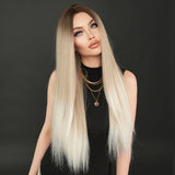 Xpoko Long Straight Light Brown ﻿Wig Gradient Ash For Women Dark Roots Daily Party Heat Resistant Synthetic Wigs Mid Split Wig