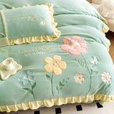 Xpoko - Floral Embroidery Matte Milk Velvet Comforter Cover Bedding Set