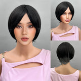 Xpoko Short Black Wigs with Bangs Synthetic Wavy Bob Wig for Women Synthetic Curly Pastel Bob Wig for Girl Colorful Cosplay Wigs