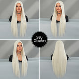 Xpoko Synthetic Long Straight Platinum ﻿Wig For Women Mid Split Wig Daily Use Party High Density  Heat Resistant Synthetic Wigs