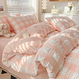 Xpoko  -  Cute Princess Seersucker Bedding Set For Women Washed Cotton Ruffle Bed Skirt Sheet Sets King Queen Size Bed Linens Decor Home