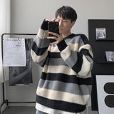 Xpoko Contrast color splicing striped sweater for men in autumn and winter lazy style trendy bottoming sweater, loose sweater jacket