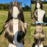 Xpoko Daily Straight Tube Long Hair Synthetic 6 * 1.5 Forehead Lace Wig With High Gloss Gray Natural Bangs Wig Female Role-Playing