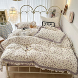 Xpoko  -  French Small Floral Printed Bedding Set, Double Layer Lace Ruffles, 100% Cotton, Duvet Cover Set, Bed Linen, Pillowcases