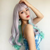 Xpoko Silver White Women's Synthetic Wig Turquoise Green Women's Wig Highlight Dyed Long Curly Hair Full Set Cosplay Party Lolita