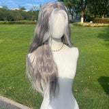 Xpoko Handmade Small Lace Gray Gradient Highlight Dyed Corn Perm Long Hair Wave Roll Realistic Synthetic Fiber Full Head Wig