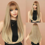 Xpoko Costume Wig High Density Synthetic Long Straight Blonde Wig For Women Heat Resistant Daily Party Cosplay With Neat Bangs