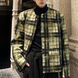 Xpoko Men Winter Outfit Men's Tweed Plaid Blazers Cardigan Autumn Winter Trend Collarless Short Jacket Fashion Green Korean Style Chic Elgance Coat