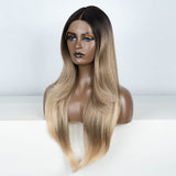 Xpoko Synthetic Lace Front Wig 28"Long Straight lace Ombre Blonde Wig part Wig  For Women Lace Wig synthetic