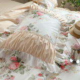 Xpoko  -  Korean Princess Style Pleat Ruffles 100% Cotton Bedding Set Elegant Vintage Rose Floral Duvet Cover Set Bed Skirt Pillowcases