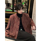 Xpoko Men Winter Outfit Round Collar Tweed Blazers Cardigan Men's Autumn Collarless Short Jacket Korean Style Chic Fashion Elgance Coat Handsome Jackets