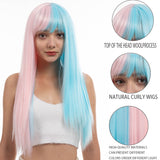 Xpoko Pink /Blue Straight Wig Long Curly Split Wig Black and White Wig with Bangs for Women Fluffy Wavy Heat Resistant Synthetic Wig