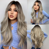 Xpoko Long Wavy Ombre Brown Purple Synthetic Wigs For Women Heat Resistant Natural Middle Part Cosplay Party Lolita Hair Wigs