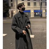 Xpoko Men Winter Outfit Korean Trend Trenchcoat With Belt Men's Loose Casual Overcoat Autumn Winter Solid Color Fashion Woolen Coat Medium Long Trench