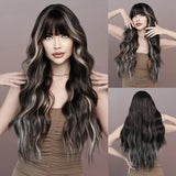 Xpoko Long Wavy Dark Brown Wigs for Women Daily Cosplay Party Dyeing Gradient Wigs Synthetic Wigs Heat Resistant Wig With Bangs
