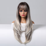 Xpoko Natural Long Straight Layered Synthetic Wigs Ombre Gray White Wig with Bangs  Hair for Women Daily Party Use Heat Resistant