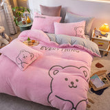 Xpoko Super Soft Warm Cosy Flannel Velvet Fleece Cartoon Bear Embroidery Child Bedding Set Duvet Cover Flat/Fitted Sheet Pillowcases