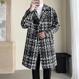 Xpoko Men Winter Outfit British Style Jacquard Pattern Trench Coat Men Autumn Winter Mens Medium Long Coat Business Casual Streetwear Windbreaker