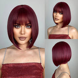 Xpoko Shoulder Length Synthetic Wigs Short Straight Orange Copper Brown Wig with Bangs for Black Women Afro Hair Daily Heat Resistant