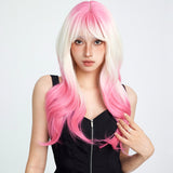 Xpoko Pink Gradient Wig With Wavy Bangs And Curly Hair Suitable For Party Wear Synthetic Synthetic Fiber Women's Wig