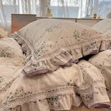 Xpoko  -  Double Layer Lace Ruffles Pure Cotton Bedding Set Lavender Floral Duvet Cover Set Bed Skirt/Flat Sheet/Fitted Sheet Pillowcases