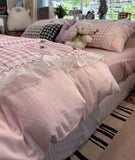 Xpoko  -  Sweet fairyfair pink blue plaid bow bedding set 1.5 1.8,full queen elegant cotton home textile bed sheet pillow case quilt cover